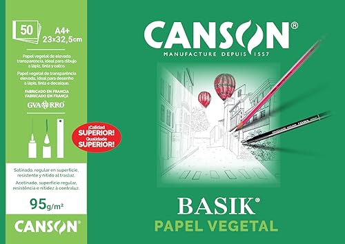Canson Bloc Encolado, A4+ (23X32,5 cm) 50 Hojas, Guarro Vegetal Basik 90 g, Transparente