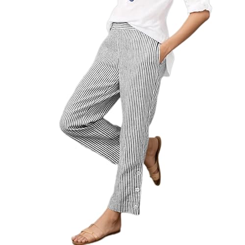 TIAFORD Women's Casual Loose Striped Straight Wide Leg Pants Summer Elastic Waist Beach Petite Pants with Pockets