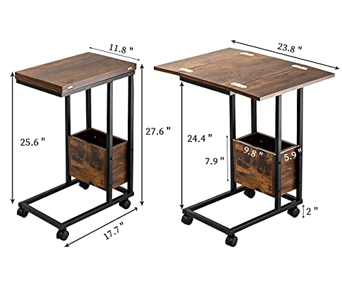 Hadulcet Sofa Side Table, Foldable End Table With Storage Basket, C Shaped Table With Wheels For Living Room Bedroom Small Spaces, Rustic Brown #TOP2