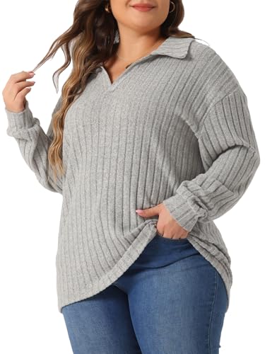 Image of Agnes Orinda Women's Plus Size Loose Polo V Neck Long Sleeve T Shirts Tops Collared Ribbed Brushed Top Sweater Casual