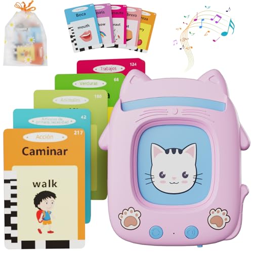 Tarjetas Flash Parlantes para Niño 3 4 5 6 7 Años, Electight 224 Palabras Juguetes Educativos Preescolares para Niños Bilingües, Cumpleaños para 3+ Años, Rosa España+Inglés