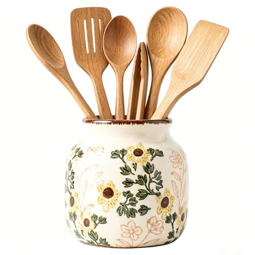 BOATWAY Crackle Glaze Ceramic Utensil Crock with Hand-Painted Flowers, Farmhouse Utensil Holder for Kitchen Counter, Non-Slip Base 5.7″ White Countertop Organizer