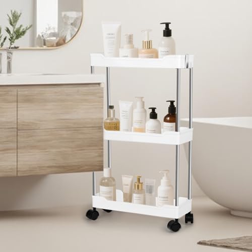 3 Tier Slim Storage Trolley Slide Out Rolling Utility Shelf Rack Storage Cart on Wheels Mobile Shelving Space Organizer with Hook for Small Narrow Spaces Kitchen/Bathroom/Laundry Room/Office,Plastic - Image 8
