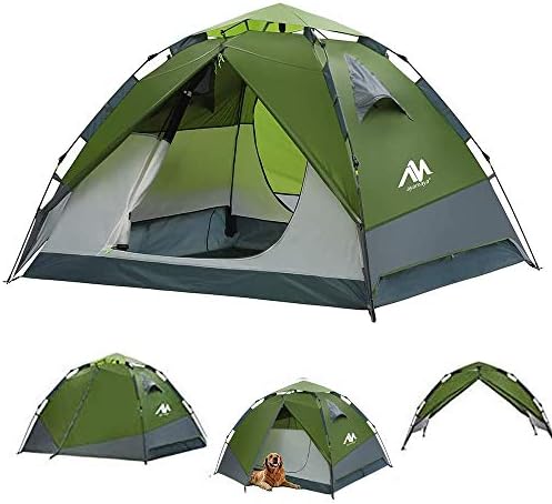 Pop Up Tents for Camping 3-4 Person Automatic Setup - AYAMAYA 2 in 1 Design Double Layer Waterproof Instant Popup Tent 2 Doors Quick Easy Set Up Family Tent Shelter Outdoor Gifts Green
