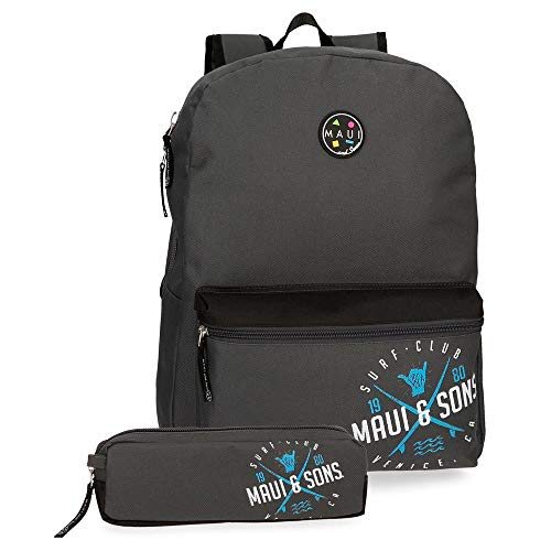 Maui And Sons Shaka Mochila 42 cm + Estuche Escolar, Gris