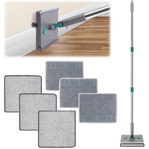 4 in 1 Baseboard Cleaner Duster with Squeegee, Max 82'' Wall Cleaner Mop with Long Handle, Dry Mop Sweeper, Ceiling Cleaning Tool with 6 Replacement Pads for Painted Walls, Window, Floor Cover