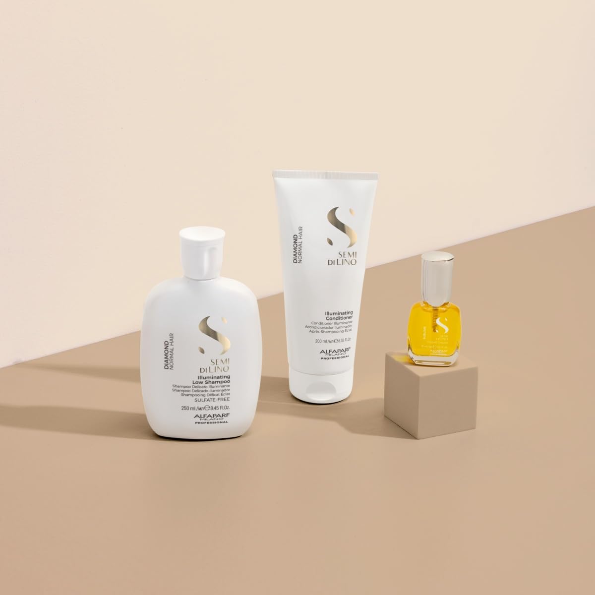 Alfaparf Milano Semi di Lino Diamond Gift Set for All Hair Types - Sulfate Free Illuminating Shampoo, Conditioner and Cristalli Liquidi Hair Oil Serum - Adds Shine and Softness