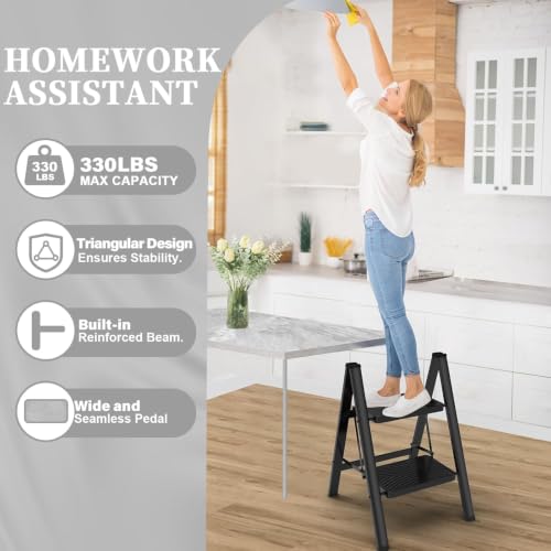 Image of Compact 2 Step Folding Ladder with Non-Slip Steps | Lightweight & Durable Steel Step Stool | Foldable Space Saving Design | Home Kitchen Office Ladder | Black Finish