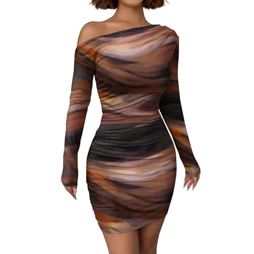 Image of Women's Long Sleeve Bodycon Mini Dress Tie Dye Print Slim Fit Asymmetrical Neck Elegant Formal Ruched Short Dresses