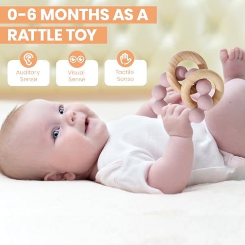 Image of Socub Baby Teething Toys for 0-6 6-12 Months- BPA-Free Food-Grade Silicone & Natural Beech Wood Teether Ring for Newborn Infants Teething Relief- Easy-Grip Sensory Rattle Toys(Dusty Lilac)