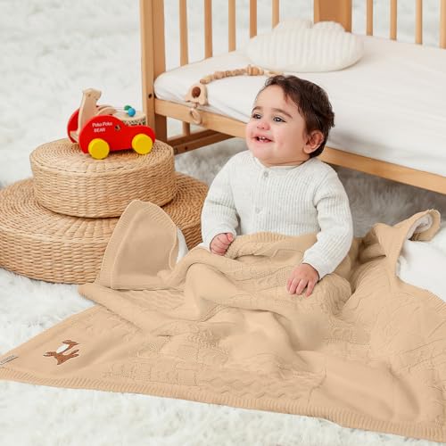 Image of Cotton Knit Baby Blanket with Plush Fleece, 31x40 Receiving Blanket for Newborn Boys & Girls, Soft Warm Stroller Blanket with Deer Embroidery, Box
