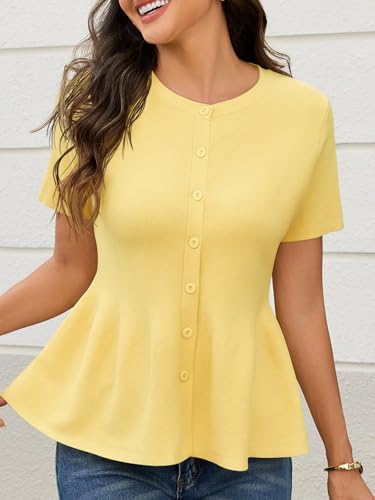 Image of Saodimallsu Womens Short Sleeve Cardigans Ruffle Button Down Crew Neck Peplum Babydoll Knit Sweater Tops