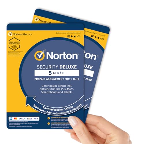 2 Stück - Norton Security Deluxe 5 Geräte / 1 Jahr - 2024 / 2025 【OHNE ABO】 Inklusive Antiviren Software - für Windows, Mac, Android, iOS - PKC