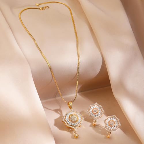 Image of Rubans Pendant Necklace Set American Diamond and Zirconia Gift Jewellery for Women & Girls