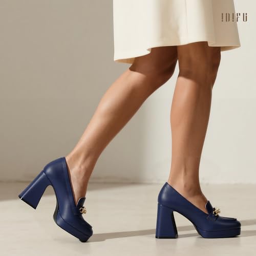 IDIFU IN4 Platform Heels Closed Square Toe Chunky Block High Penny Loafers Pumps with Metal Chain Wedding Prom Graduation Formal Dress Shoes for Women Dressy Slip On Thick Uniform Platform Pumps3