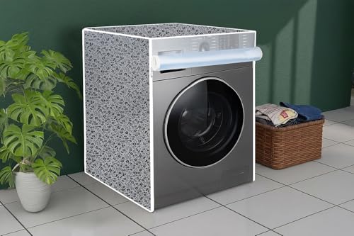 Image of The Furnishing Tree Waterproof and Dustproof PVC Washing Machine Cover Front Loading Compatible for IFB, 7 Kg, 7.5 Kg, 8 Kg, 8.5 Kg, CM-(63x63x81), Floral Pattern Darkgrey