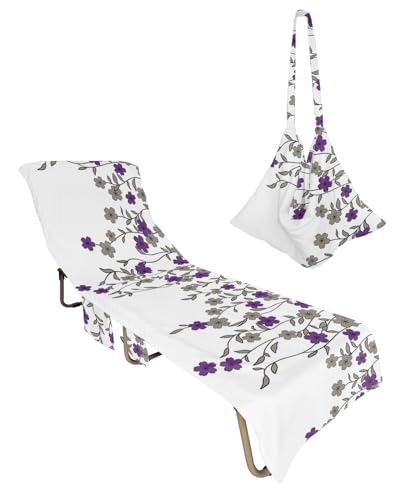 Purple Grey Weeping Floral Beach Lounge Chair Towel Cover, Soft Chaise Lounge Towel with Side Pockets Patio Pool Chairs Cover for Beach/Pool Sunbathing 29x85 Chic Summer Botanical