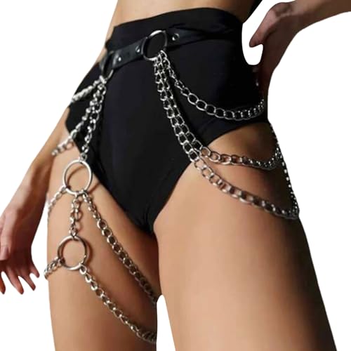 PU Leather Thigh And Waist Chain Multi Layered Chain Belt Accessory With Adjustable PU Leather Straps For Women