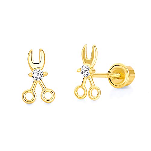 Wellingsale 14K Yellow Gold Polished Scissors Stud Earrings With Screw Back