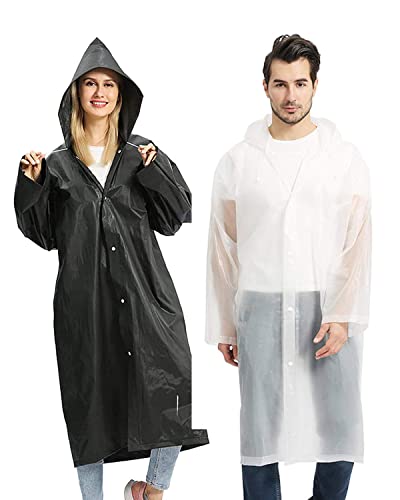 ELECDON Raincoat Rain Poncho for Adults 1 Pack EVA Rain Poncho for Women and Men Reusable Raincoat Jacket Packable for Family Fishing/Travel/Emergency/with Hood and Elastic Sleeving White + Black, 30