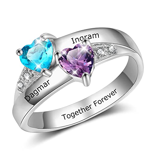 Personalized 2 Hearth Birthstone Rings for Mom - Custom Names Mother's Day & Promise Rings