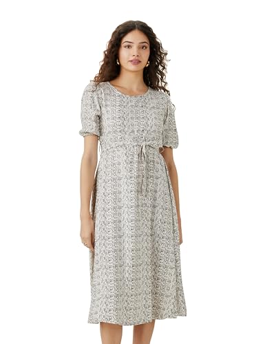 Image of Amazon Brand - Symbol Women Rayon Fit and Flare One Piece Midi Length Dress (with Self Fabric Belt) (Available in Plus Sizes)