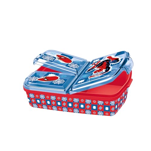 p:os 35484 - Spiderman broodtrommel voor kinderen met 3 vakken, plastic broodtrommel met clipsluiting, snackdoos voor kleuterschool, school en vrije tijd