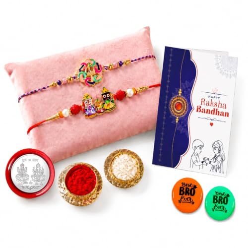 Image of Oblivion Shiva Motif, Lord Jagannath Multicolor Rakhi for Brother & Bhaiya with Decorative Magnets 2pcs - Raksha Bandhan Gift Set with Roli Tikka, Pooja Coin & Greeting Card, Pack of 6