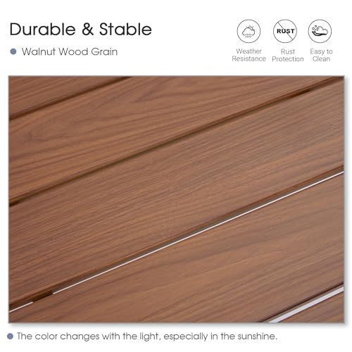 Image of VICLLAX Small Patio Dining Table for 2, Square Metal Slatted Tabletop with Storage Shelf for Front Porch Lawn Garden, Walnut Tabletop(No Umbrella Hole)