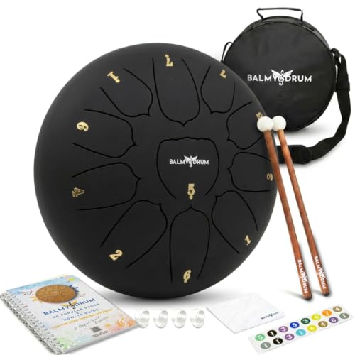 Balmy Drum Steel Tongue Drum 10 inch 11 Notes 440Hz Handpan Drum with Music Book Mallets Carry Bag Finger Picks Rain Drum for Outdoor Meditation Yoga Calming Instruments for Adults Kids (Black)