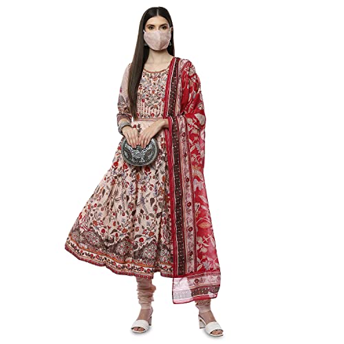 Image of Biba Cotton Women's Printed Fitted Salwar Kurta Dupatta(Skdkalamkar8356 Beige 34)
