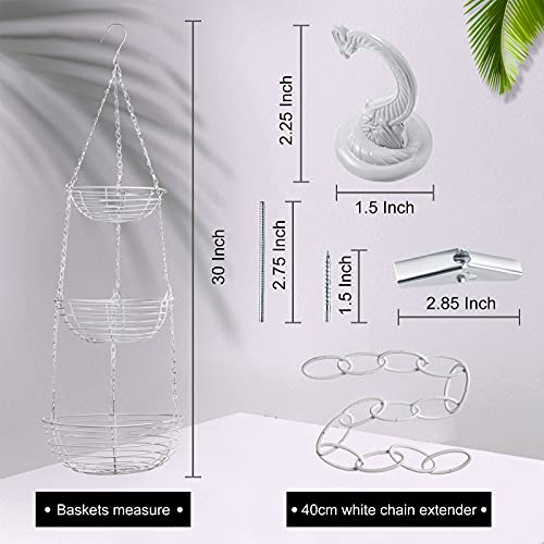 Hotop 3-Tier Hanging Fruit Basket Vegetable Storage Wire Basket With 16 Inch Fixture Chain And Ceiling Hook For Putting Fruit Vegetables Snacks Household Items (White) #TOP1