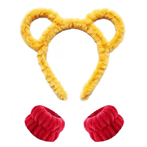 GWAWG Haarband mit Bärenohren Kostüm gelb Stirnband und Handgelenke Haarreif aus weichem Plüsch mit Bärenohren für Kinder und Erwachsene realistisches Zubehör für Weihnachten Halloween Party 3