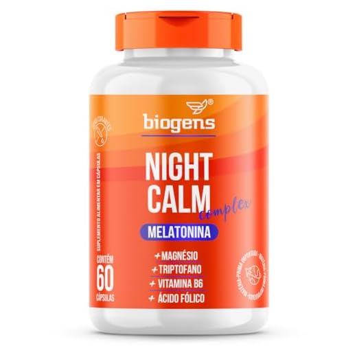 Night Calm Complex, Melatonina, magnésio, triptofano, Vitaminas B6 e B9, 60 cápsulas, Biogens