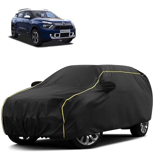Image of Sulfar 100% Water Resistant Car Body Cover Compatible with Mirror for CITROEN AIRCROSS (Triple Stitched, Full Bottom Elastic, Black Tafetta with Yellow Piping)