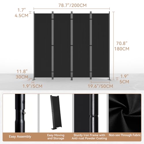 Image of C-Hopetree 4 Panels Room Divider, 6 Ft Tall Indoor Folding Privacy Screen, Portable Partition Separator, Freestanding Separation Temporary Wall for Office, Bedroom, 80 inch W X 71 inch H, Black