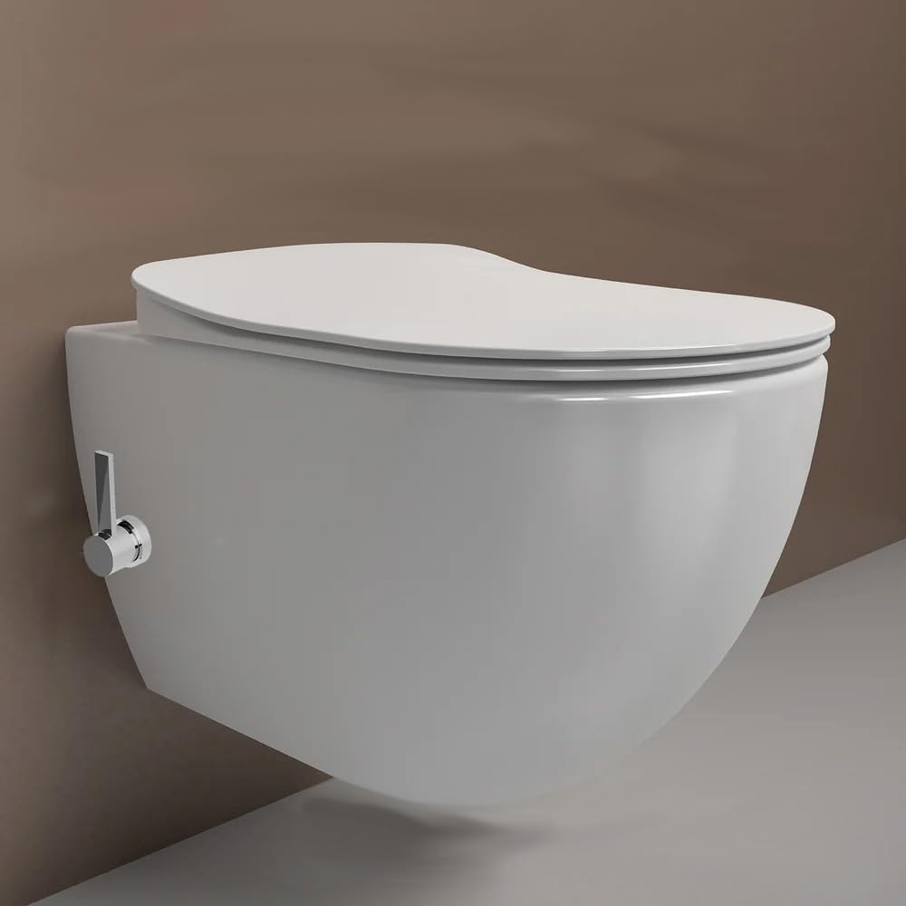 Creavit FREE Dusch WC Komplettanlage spülrandlos–Wandhängend Hänge WC/Taharet/Bidet mit Warm-/Kaltwasser oder ohne Bidet,Softclose Sitz, antibakterielle Keramik (mit Bidet+Armatur Kaltwasser)
