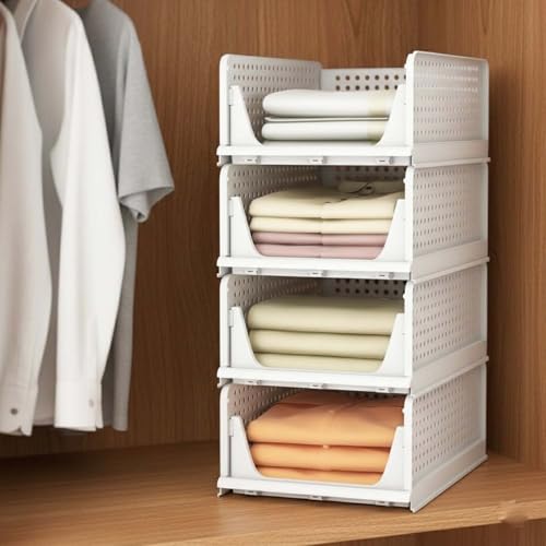 Image of Go Hooked Foldable Wardrobe Organizer with Drawer Style Pull Out Design | Pack of 4 Large (44x34x19 cm) Shelf Storage Box | Heavy Duty Plastic Shirt Stacker for Cupboard, Almirah & Closet | White