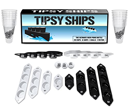 Tipsy Ships Battle Pong Party Game - 22 Plastic Cups 8 Ship Trays 3 Ping Pong Balls Included. Battle on Any Table! (Tipsy Ships Battle Set (with Cups))
