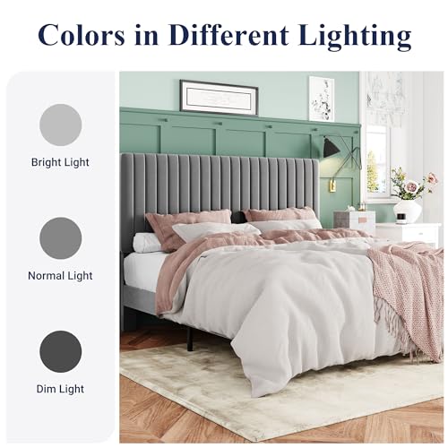 Allewie Queen Bed Frame, Velvet Upholstered Platform Bed with Adjustable Vertical Channel Tufted Headboard, Mattress Foundation with Strong Wooden Slats, Box Spring Optional, Easy Assembly, Grey