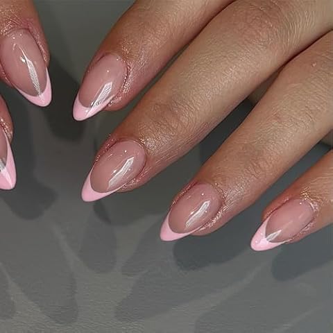KQueenest 30 Pcs Light Pink French Tip Press on Nails Short Almond Nails Acrylic, Natural Nude Medium Fake Nails Press ons, Classic Glue on Nails Short, Gel French Tip Nails for Women DIY Manicure Cover