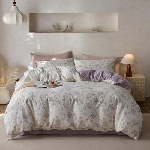 VM VOUGEMARKET Purple Floral Duvet Cover Set Queen Size,Soft Lyocell & Cotton Bedding Set,Breathable & Cool Comforter Cover for Hot Sleeper(3pcs,90x90 Inch)