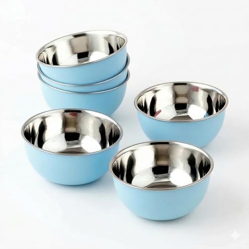 Image of Zaib Stainless Steel and Plastic Coated Microwave Safe Bowls | Multipurpose Storage Containers | No Lid | Capacity - 500 ML (14 CM- 6 Pcs Blue)