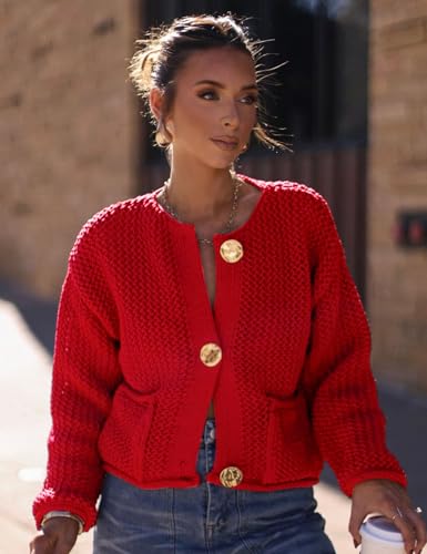 Image of Wyeysyt Womens Cropped Cardigan Sweaters Chunky Knit Gold Button Down Open Front Cardigan Long Sleeve Crop Crochet Sweaters