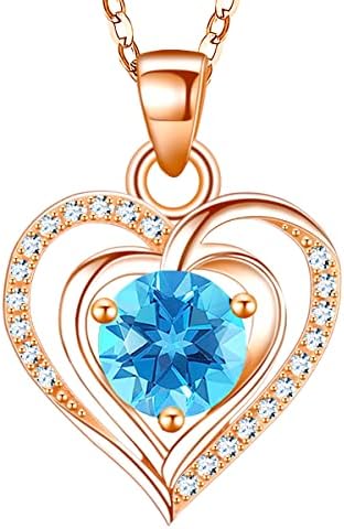 RIVIKO Heart Birthstone Pendant Necklace for Women 925 Sterling Silver Zirconia Rose Gold Plated March Necklaces Christmas Valentine's Day Mothers Day Jewelry Gifts For Girls Mother Wife