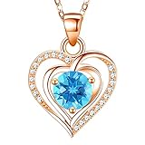 RIVIKO Heart Birthstone Pendant Necklace for Women 925 Sterling Silver Zirconia Rose Gold Plated Mar