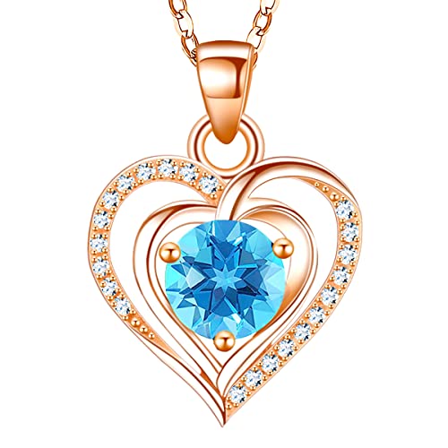 Riviko Heart Birthstone Pendant Necklace For Women 925 Sterling Silver Zirconia Rose Gold Plated March Necklaces Christmas Valentine's Day Mothers Day Jewelry Gifts For Girls Mother Wife #TOP6