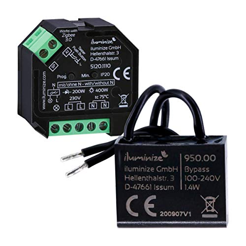 iluminize Zigbee 3.0 - Actuador de atenuación Mini 2, 1 canal de 230 V, 200 W/400 W, atenuación por fase AB