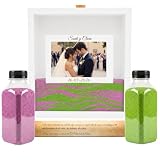 NIRALIS Ritual Arena Boda Kit Ceremonia con Marco Foto Personalizado 10x15 cm, Pergamino y 2 Botellas 800 gr - Caja Madera Blanca 25x25 Fabricada en España (Morado/Verde)