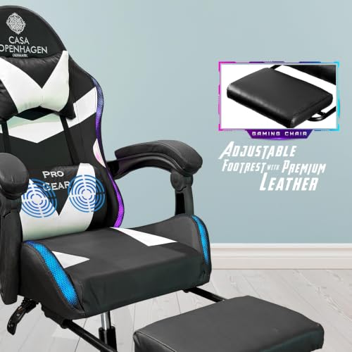 Image of Casa Copenhagen Designed in Denmark,High-Back Italian Leather Gaming Ergonomic Chair with Advanced Mechanism with LED Light & Electric Back Massager, Memory Foam Seating - White & Black